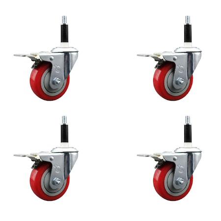 Service Caster 3.5'' Red Poly Swivel 7/8'' Expanding Stem Caster Set Total Lock Brake, 4PK SCC-EXTTL20S3514-PPUB-RED-78-4